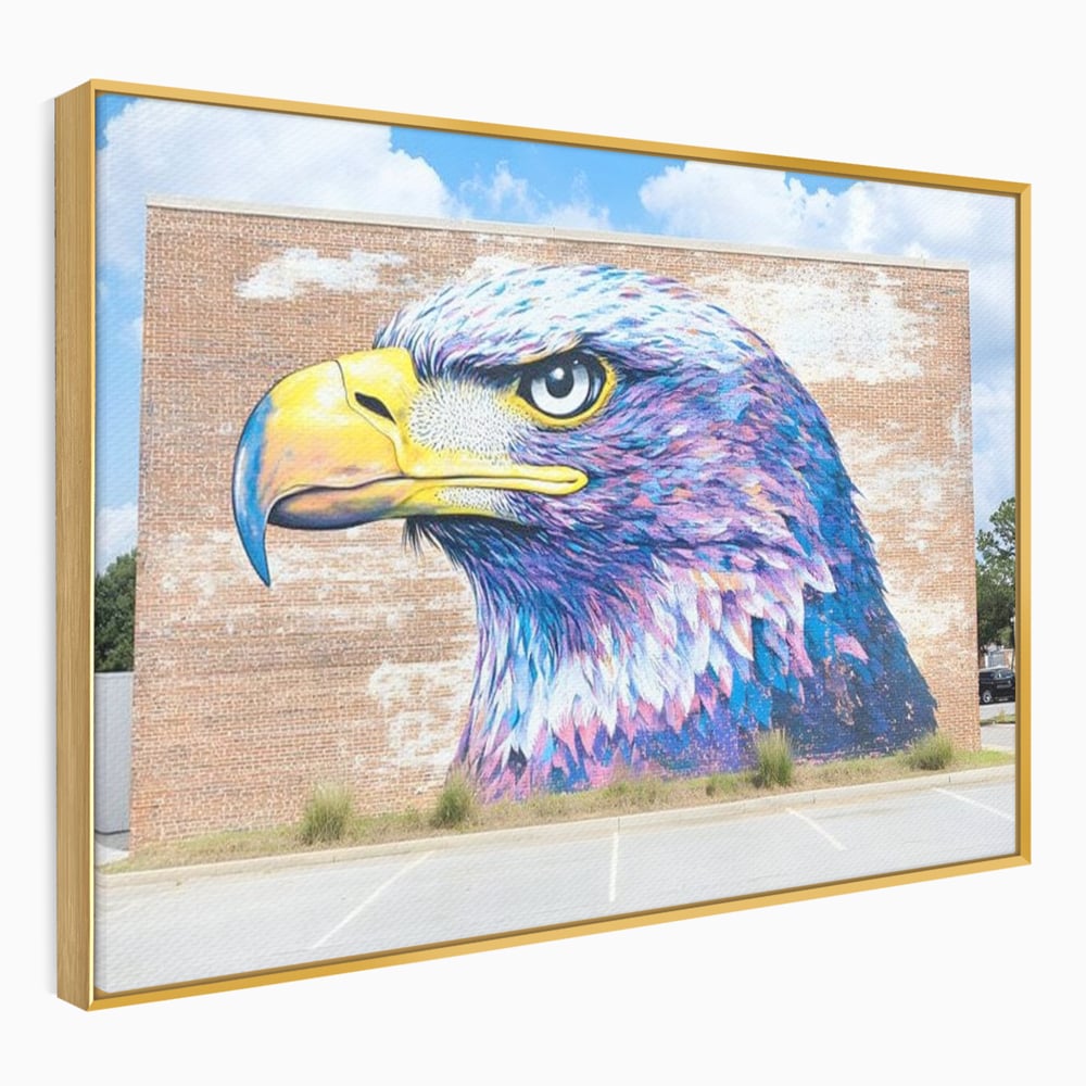 Tablou canvas cu tablou canvas cu vultur graffitti pe zid de caramida, in rama de aluminiu auriu